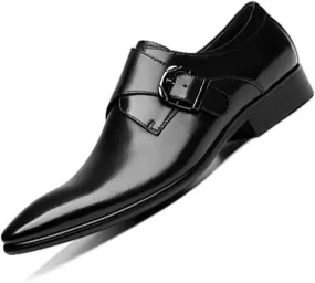 Single Season Dress Oxford Shoes for Men Slip On Monk Strap Black Round Burnished Toe PU Leather Non Slip Anti-Slip Block Heel Slip Resistant Low Top Walking Very Popular Among Young peop