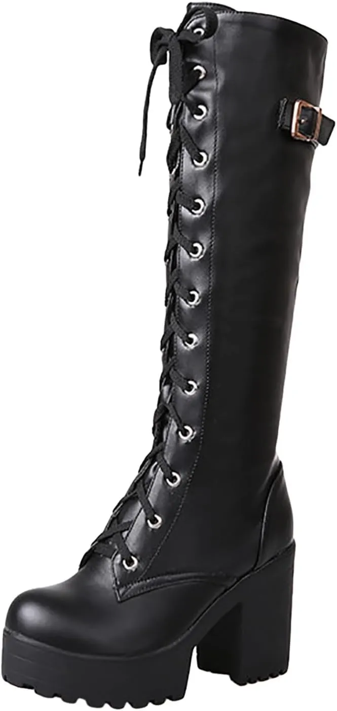 Womens Boots Knee High Boots Women Winter Boots for Women Chunky Heel Thigh High Shoes High Heel Lace-Up Booties