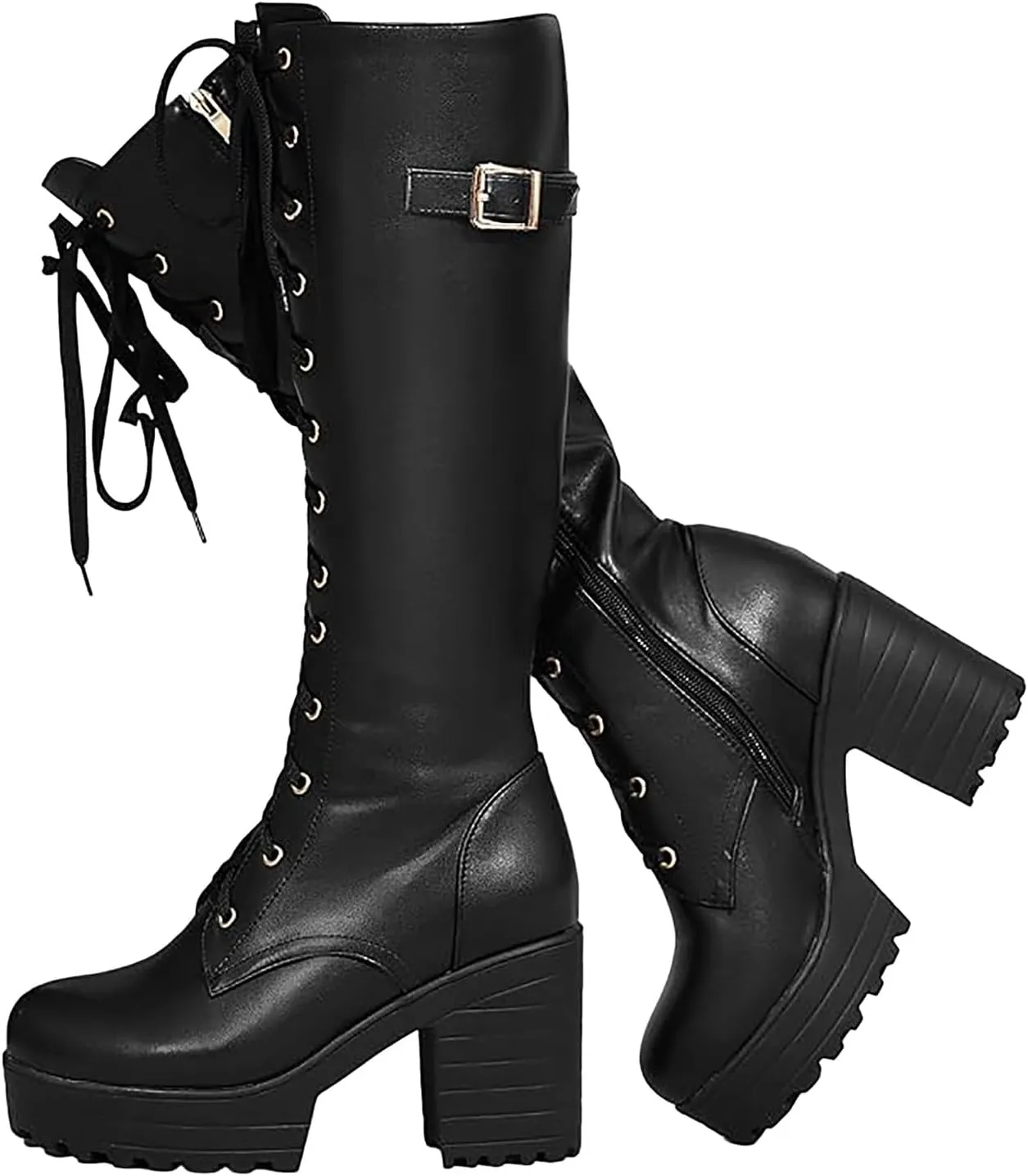 Womens Boots Knee High Boots Women Winter Boots for Women Chunky Heel Thigh High Shoes High Heel Lace-Up Booties