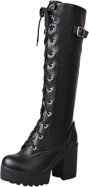 Womens Boots Knee High Boots Women Winter Boots for Women Chunky Heel Thigh High Shoes High Heel Lace-Up Booties