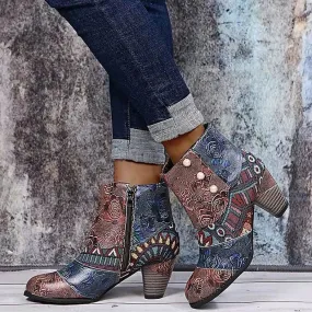 Women's Boots Plus Size Party Outdoor Office Booties Ankle Boots Winter Beading Chunky Heel Round Toe Vintage Walking Shoes PU Leather Zipper Floral Geometric Brown Rainbow