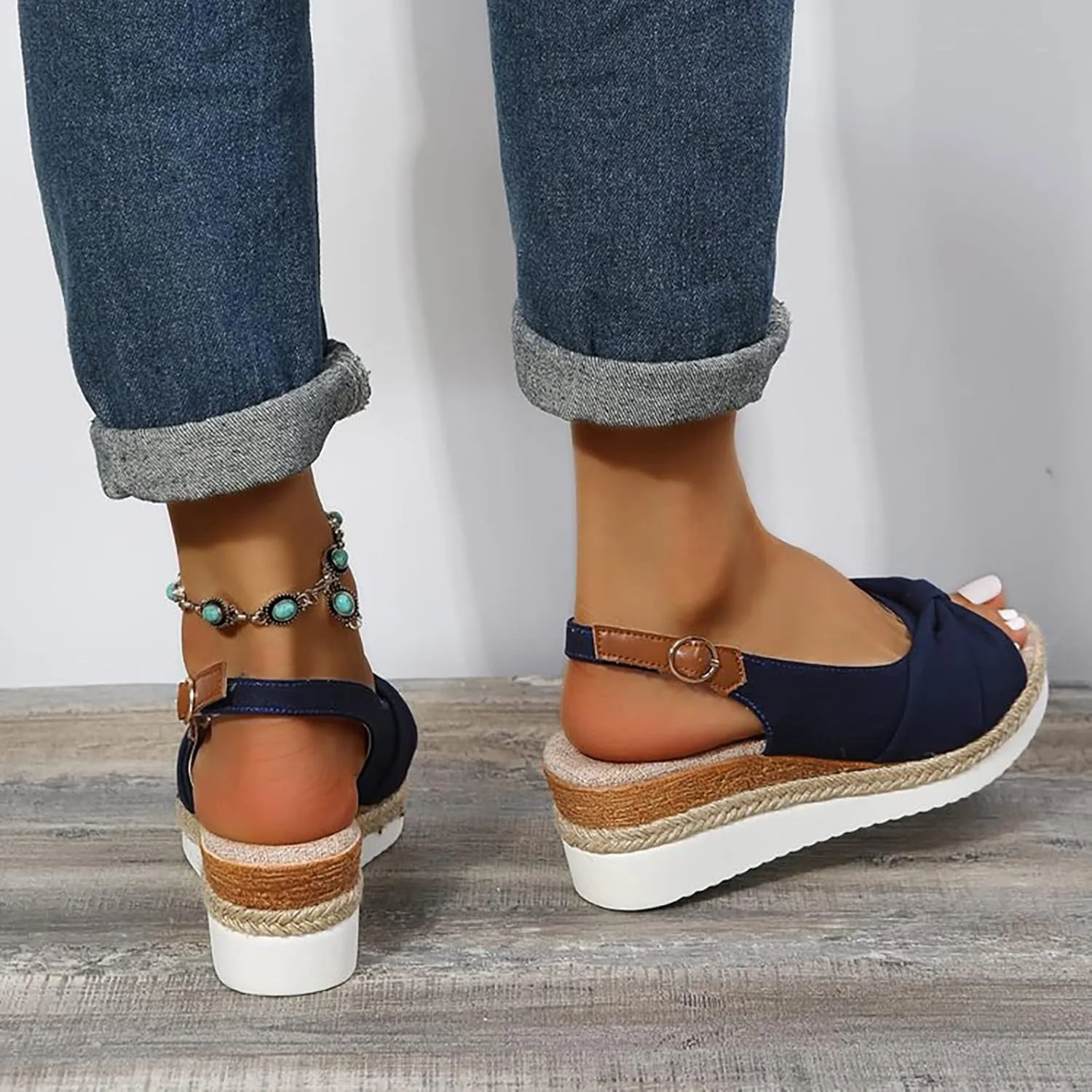 Women's Fashion Summer Solid Fabric Fish Mouth Wedge Heel Sandals Women's Summer Shoes Casual Sandals
