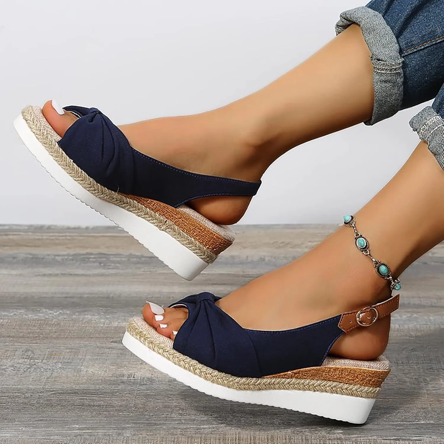 Women's Fashion Summer Solid Fabric Fish Mouth Wedge Heel Sandals Women's Summer Shoes Casual Sandals
