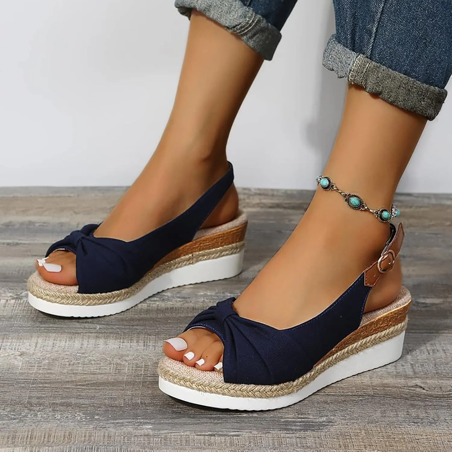 Women's Fashion Summer Solid Fabric Fish Mouth Wedge Heel Sandals Women's Summer Shoes Casual Sandals