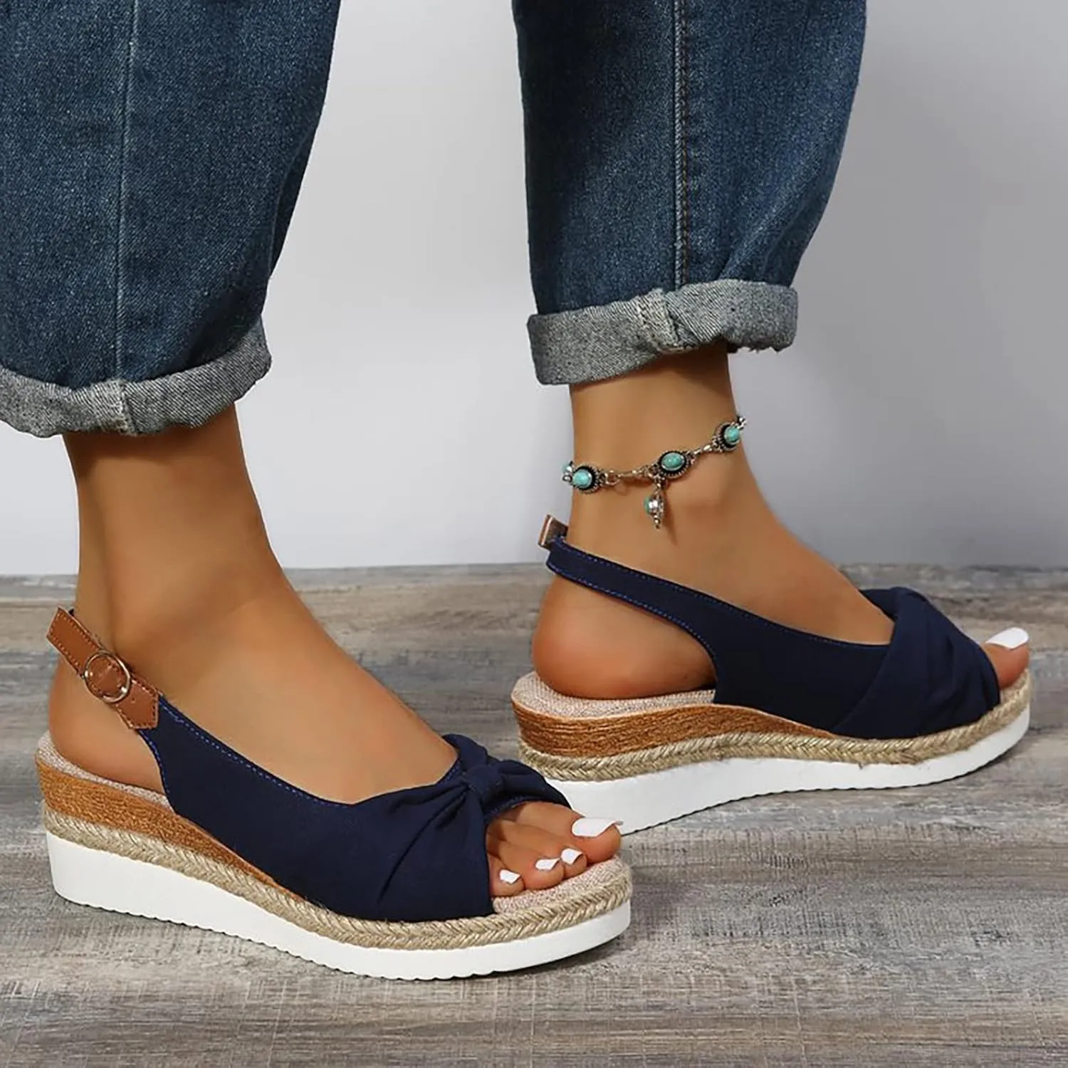 Women's Fashion Summer Solid Fabric Fish Mouth Wedge Heel Sandals Women's Summer Shoes Casual Sandals