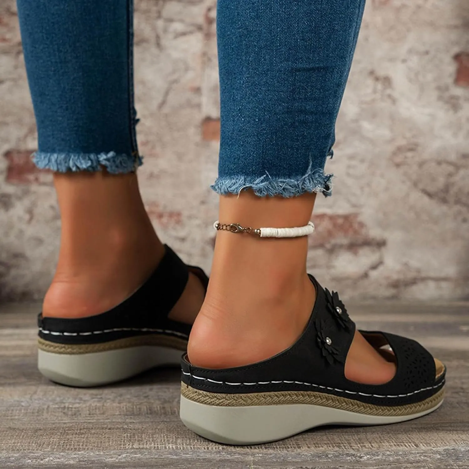 Womens Slip-On Wedge Sandal Double Buckle Arch Support Slides Orthotic Walking Sandals Rubber Outsole for Long-Lasting Wear