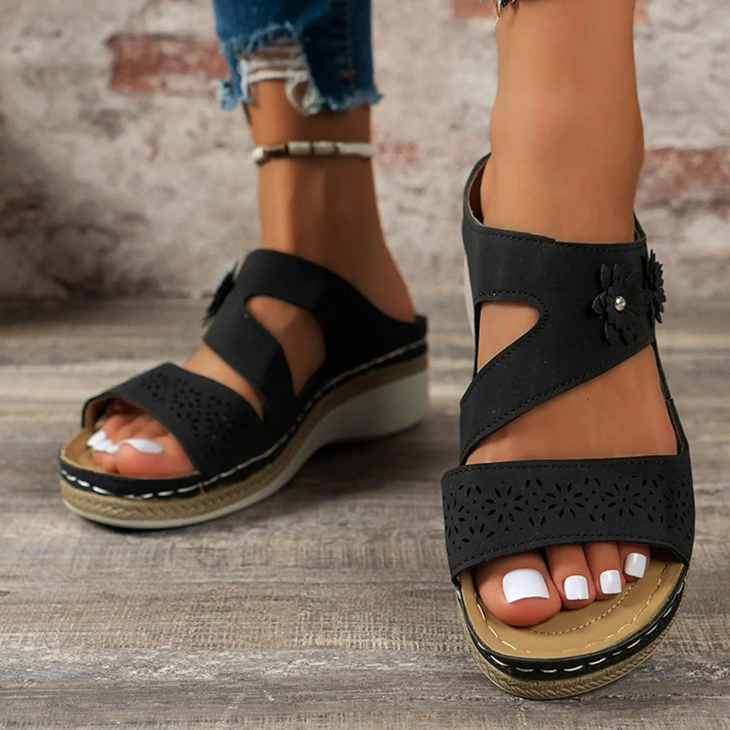 Womens Slip-On Wedge Sandal Double Buckle Arch Support Slides Orthotic Walking Sandals Rubber Outsole for Long-Lasting Wear