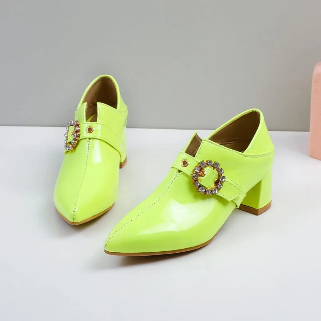 Women's Square Toe Buckle Pump Oxfords Patent Leather Chunky Mid Heels Western Classic Dress Shoes