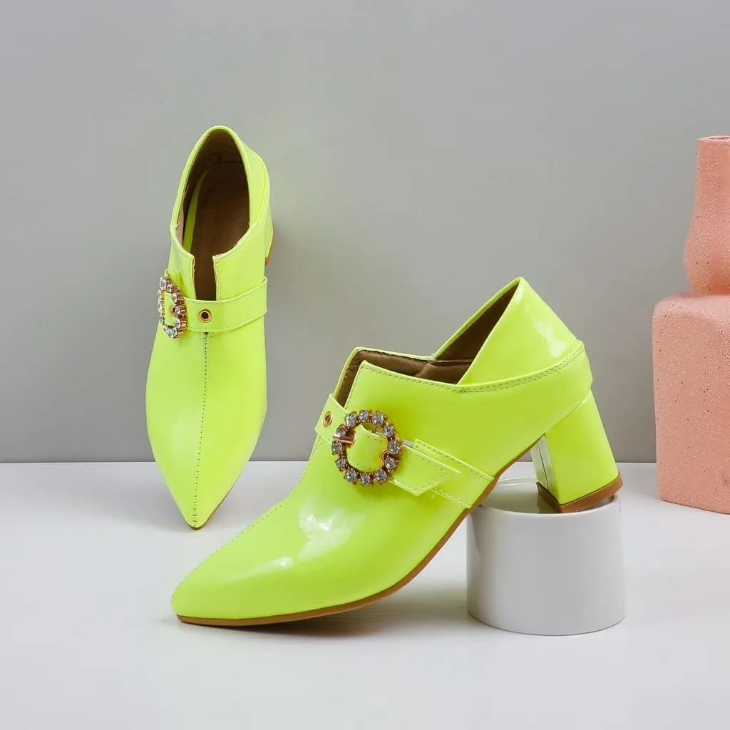 Women's Square Toe Buckle Pump Oxfords Patent Leather Chunky Mid Heels Western Classic Dress Shoes