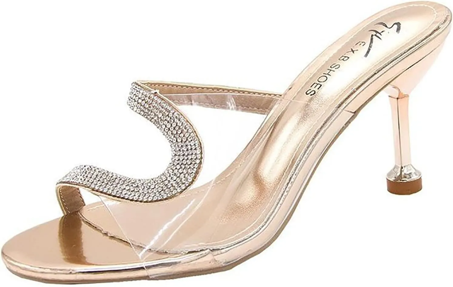 ZSpzx Rhinestone Sandals For Women Dressy,Women's Heeled Transparent Open Toe Slip on Slides Sandal Fish Mouth Slippers Stiletto High Sexy Block Heels Dress Shoes for Party,Wedding,and Vacation