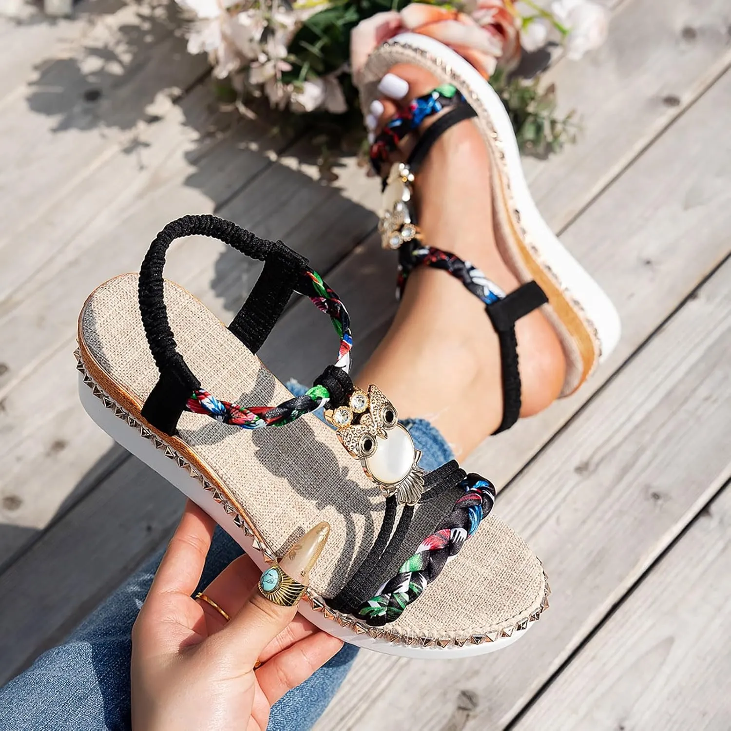 ZSpzx Wedge Sandals For Women 2025,Women's T-Strap Sandal Comfortable Open Toe Elastic Ankle Strap Beaded Slip On Dressy Flat Low Heel Summer Womens Bohe Walking Beach Shoes for Daily Wear