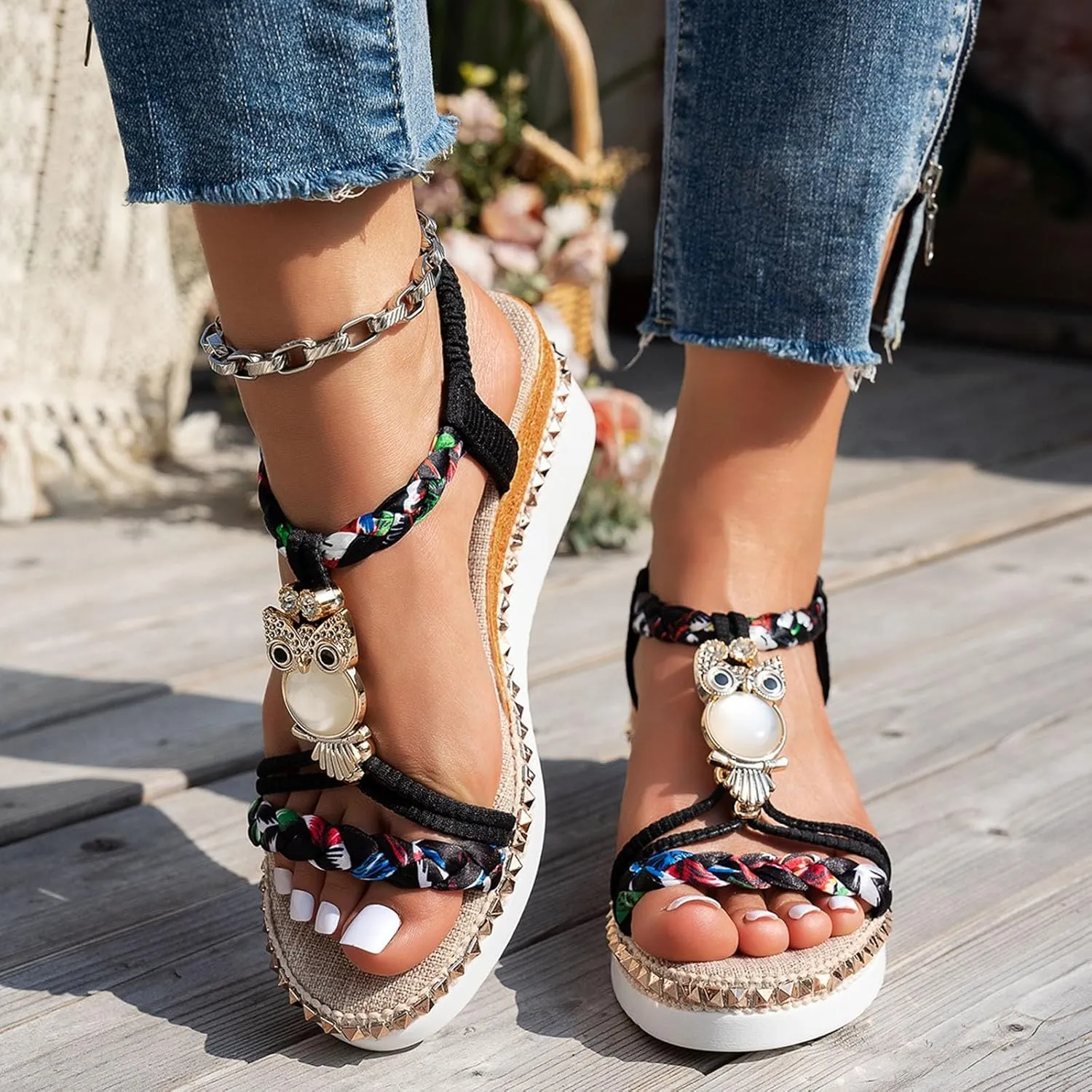 ZSpzx Wedge Sandals For Women 2025,Women's T-Strap Sandal Comfortable Open Toe Elastic Ankle Strap Beaded Slip On Dressy Flat Low Heel Summer Womens Bohe Walking Beach Shoes for Daily Wear